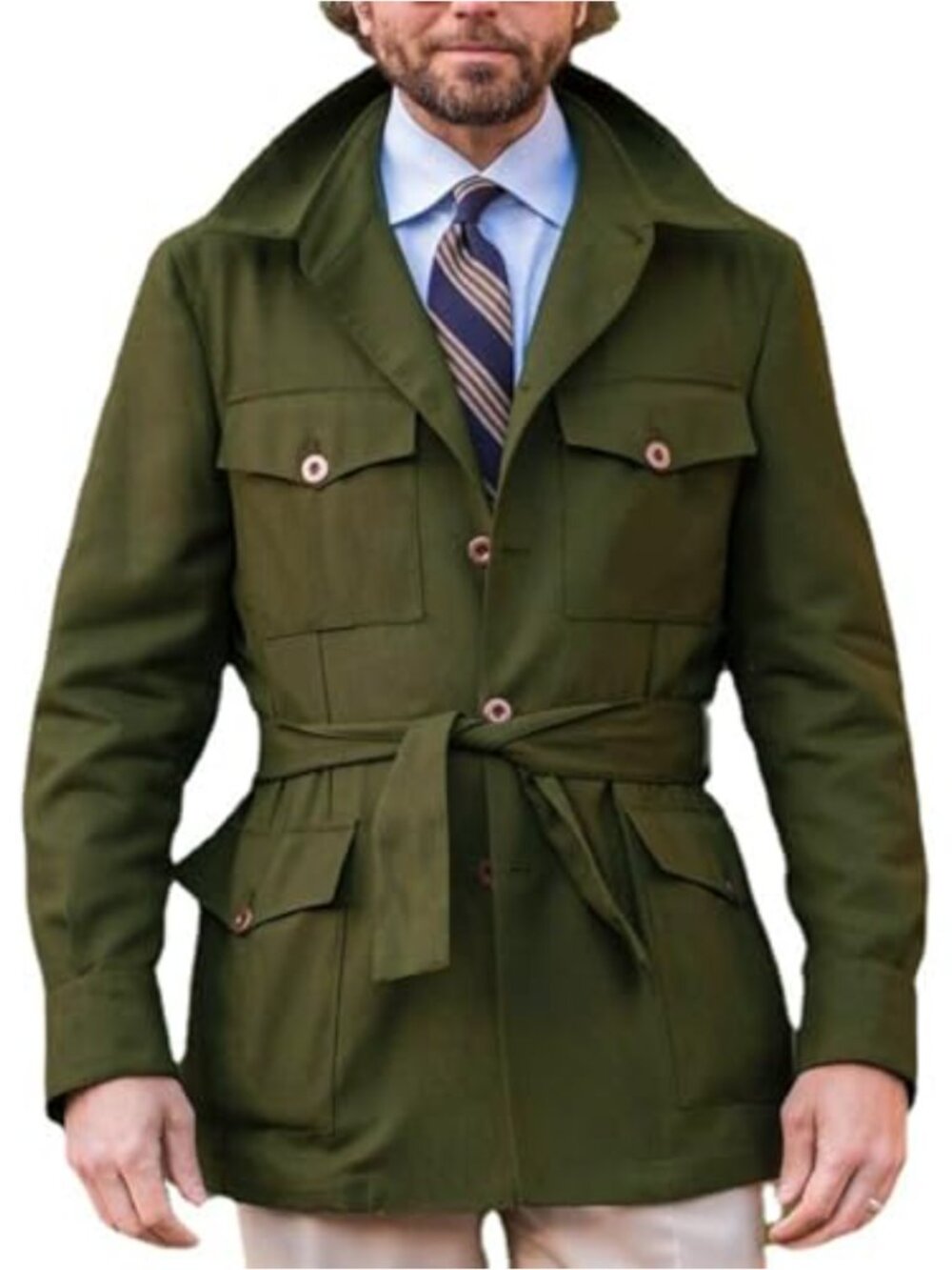 Men's Single Breasted Belted Safari Trench Coat Military Style Windbreaker 100%